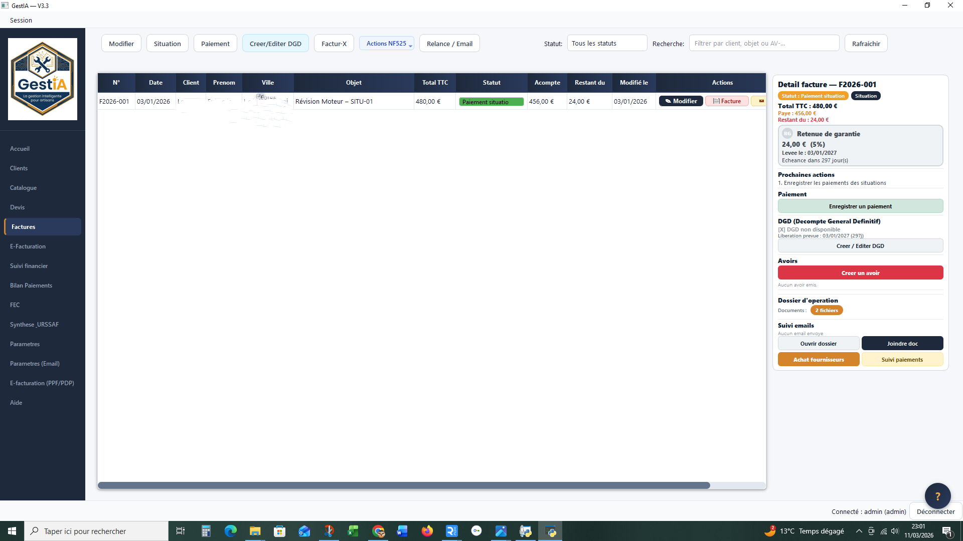 GestIA — Onglet Factures